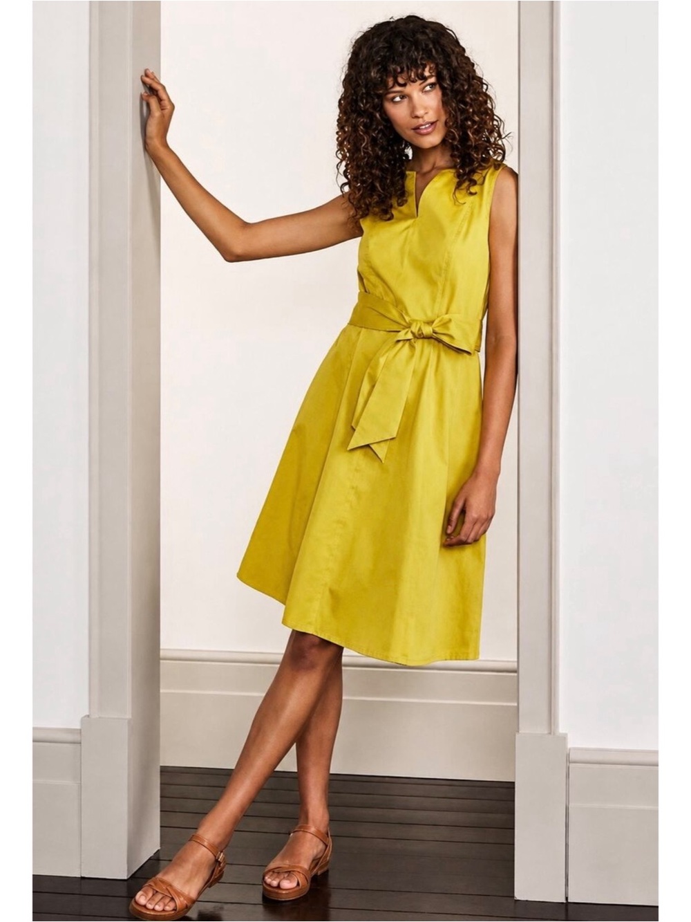 Boden Mischa Chartreuse Yellow Tie Waist Cotton Sleeveless Dress Size US 8 R